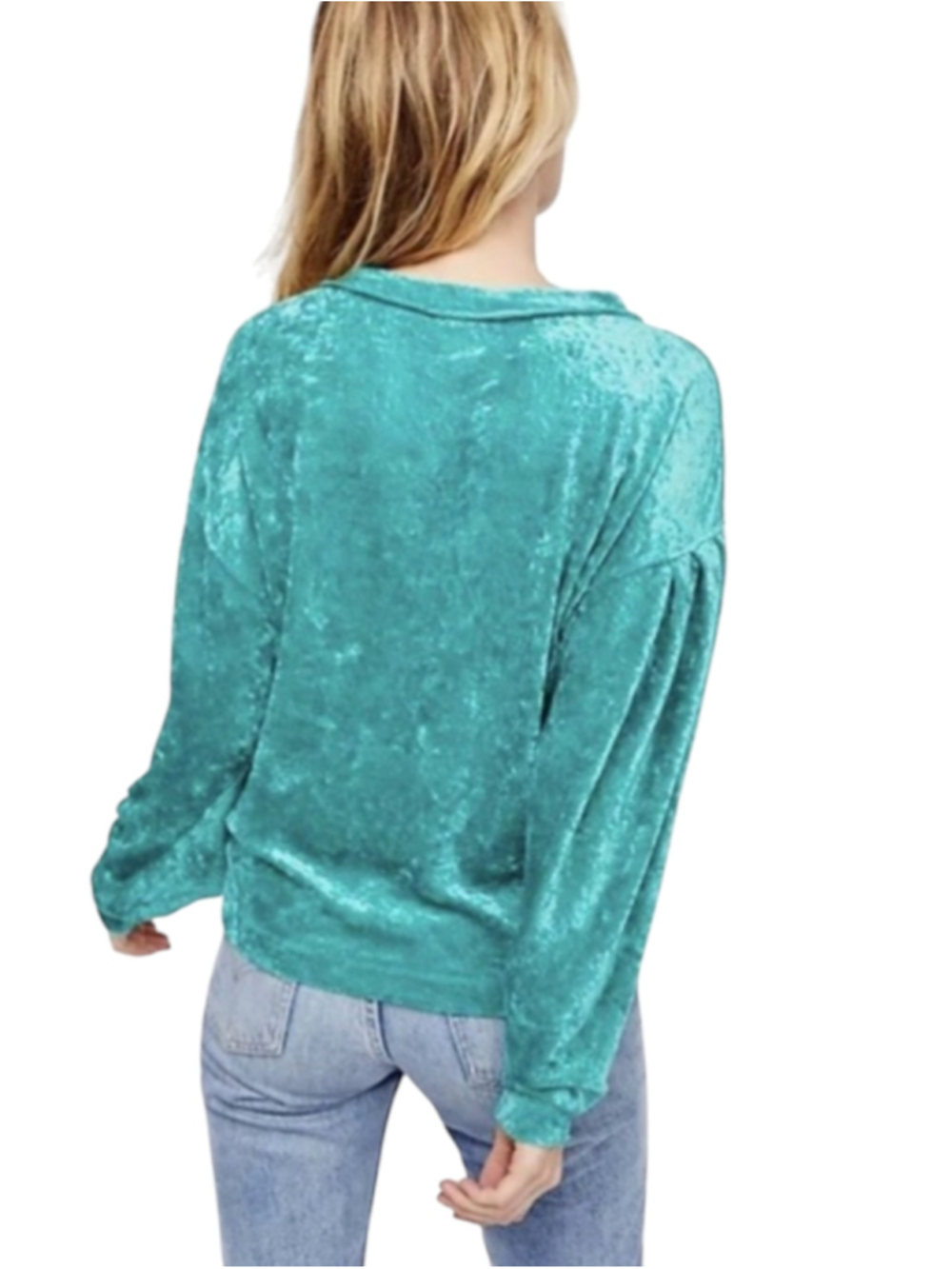 Free People Milan Teal Crushed Velvet Long Sleeve Top Small - Picture 3 of 13